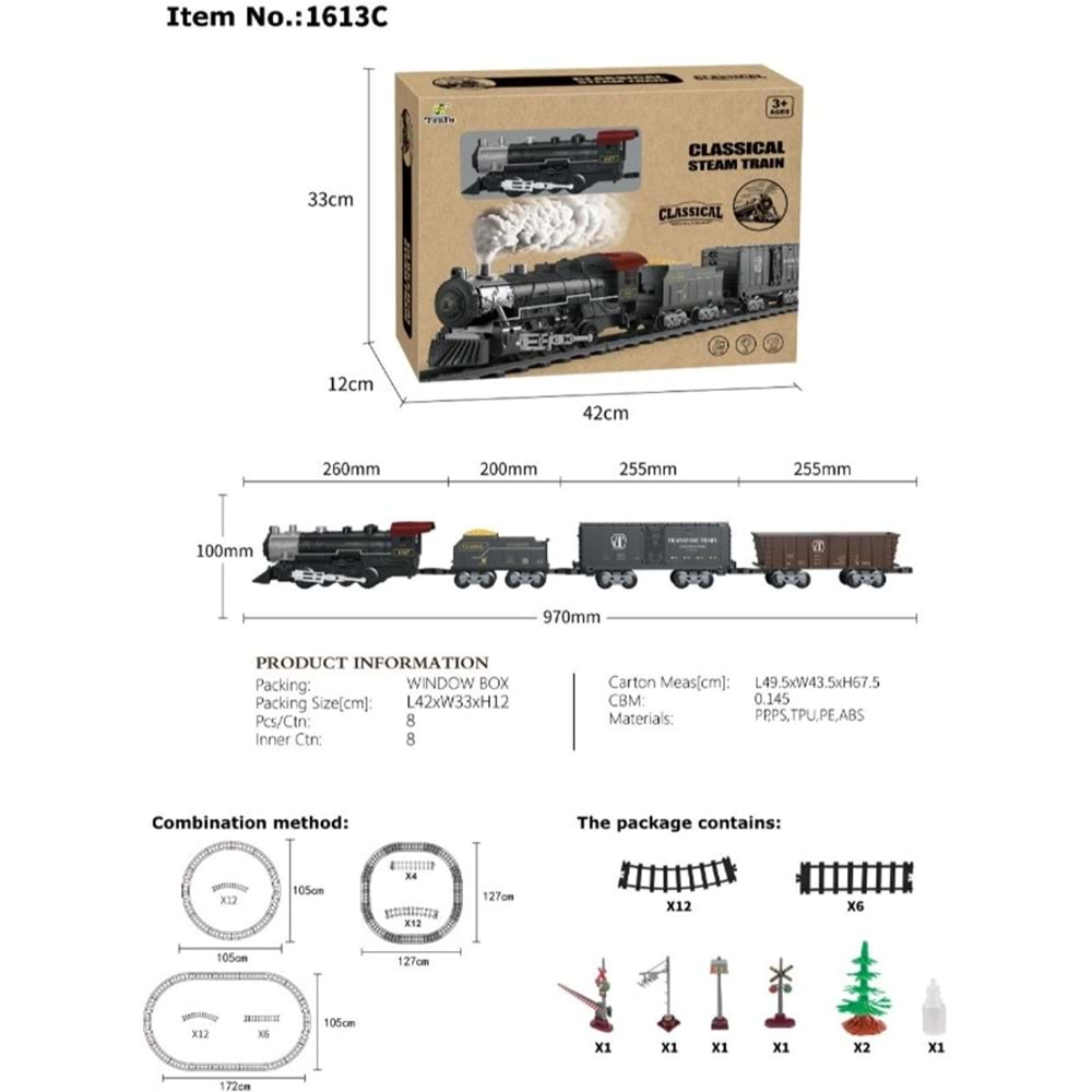 BÜYÜK ÖLÇEKLİ KLASİK BUHARLI TREN SETİ 1613C *8