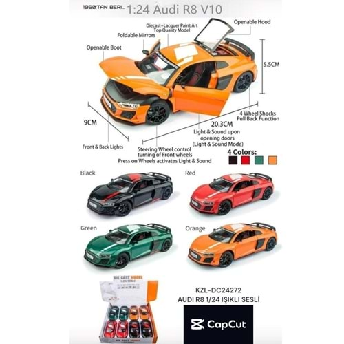 AUDI R8 1:24 IŞIKLI SESLİ KAPI AÇILIR MODEL ARAÇ DC24272 *32